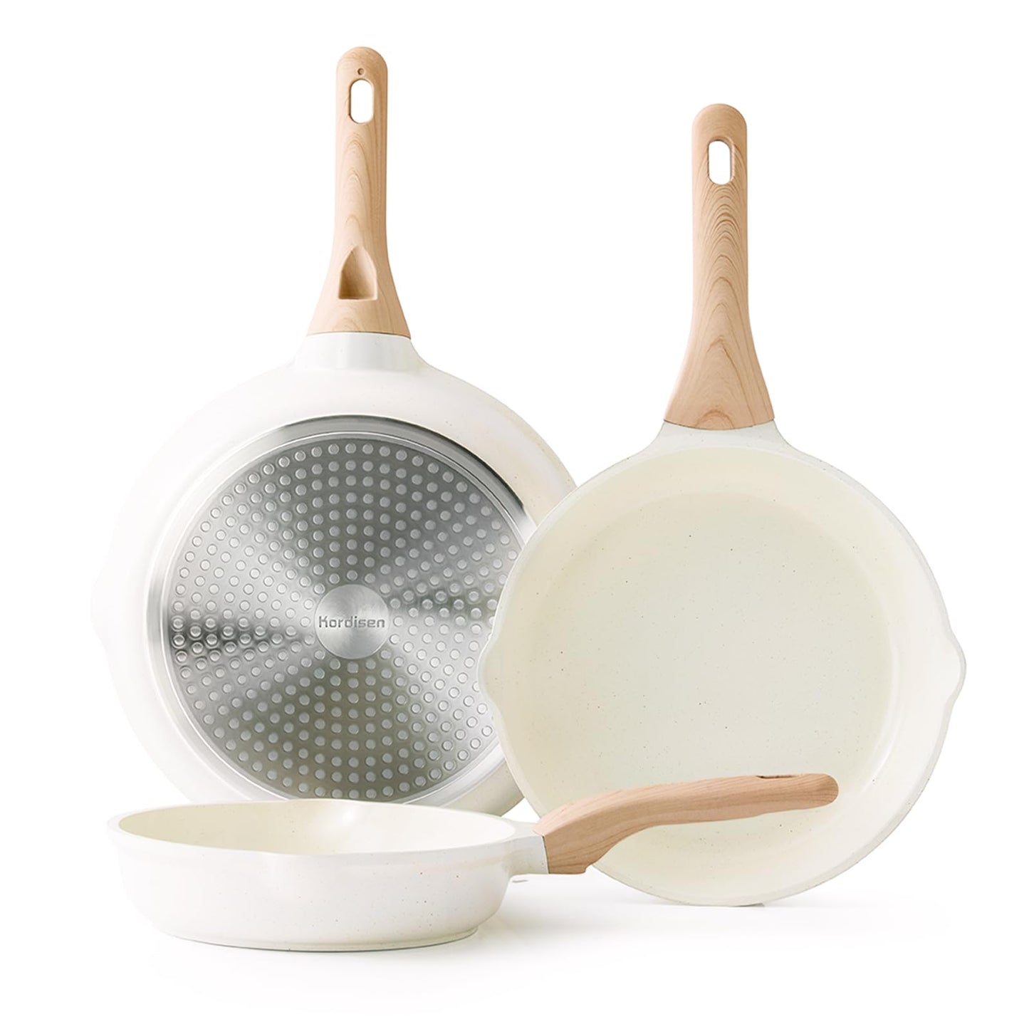Kordisen Nonstick Ceramic Frying Pan Set, 3 Piece Ceramic Skillet Set, Healthy Non Toxic Cooking Pan, Stay-Cool Handle, Induction Compatible, PFOA & PFAS Free, White(9.5, 11, 12.5 Inch)