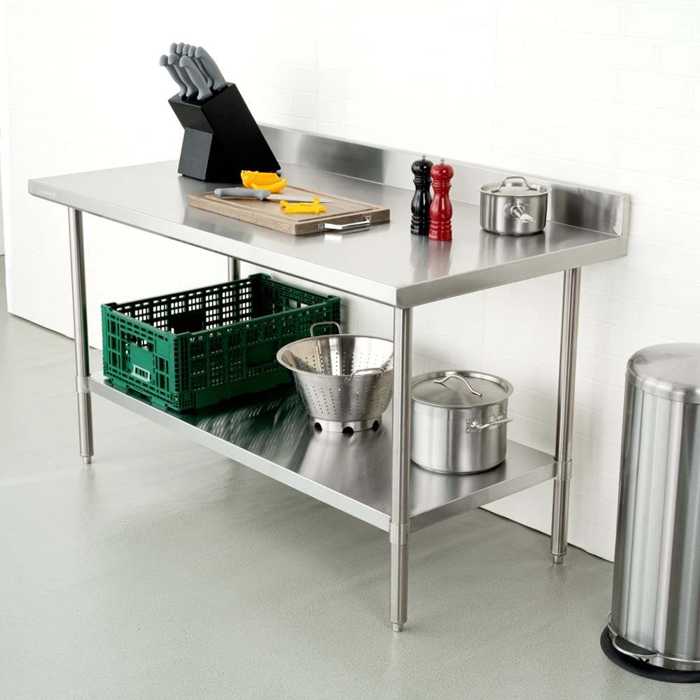 Restaurantware Kitchen Tek 30 x 60 Inch Stainless Steel Table 1 Commercial Work Table - 4" Backsplash Adjustable Feet Stainless Steel 304 Metal Table Great For Food Prep For Home Or Hotel