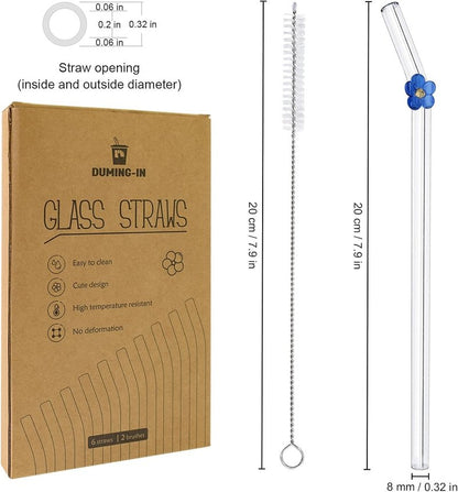 DUMING-IN 12 Pack Reusable Glass Straws, 7.9"×8mm Cute Flower Glass Straw for Coffee, Milkshakes, Juices