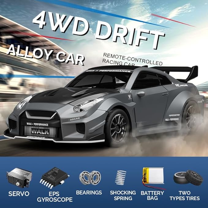 1:43 RC Drift Car 20KM/H with Gyro 2.4G 4WD Full Proportional Alloy Sport Racing Car Adjustable Speed LED Lighting for Teens &amp Adults-D43-02