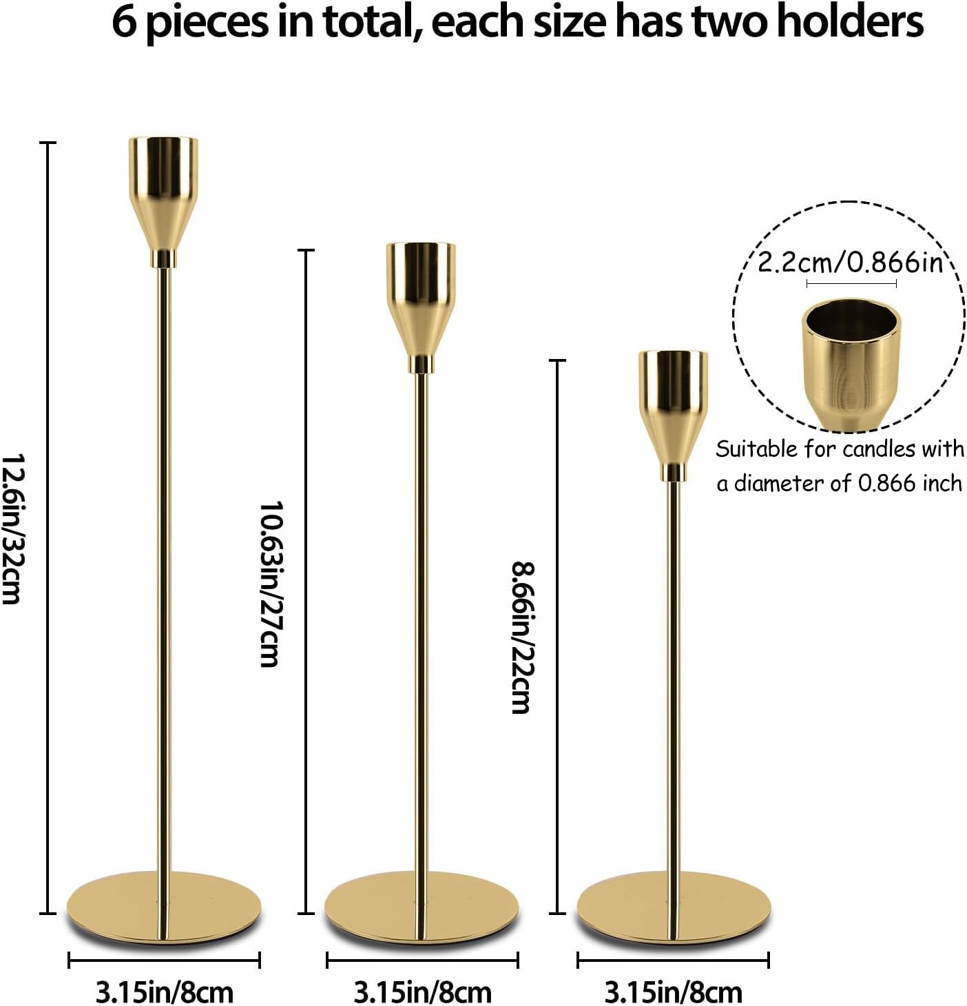 AUMAYCO Gold Candle Holders Set of 6, Metal Taper Candle Holders, Tall Gold Candlestick Holders, Fits 2.2cm Thick Candle&Led Candles, for Table Centerpiece, Mantels, Weddings, Dining, Party