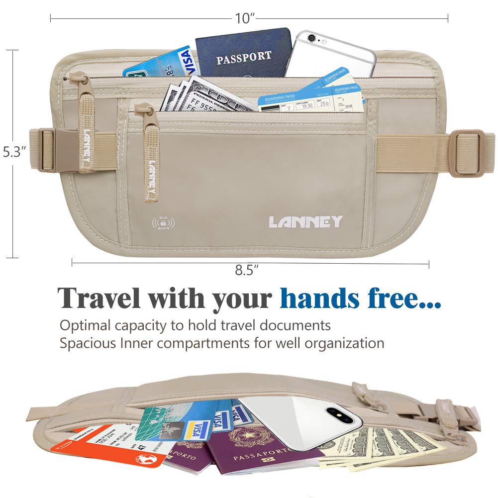 Travel Money Belt Hidden Waist Stash Wallet RFID Blocking Anti-Theft Passport Holder for Men Women, Cream