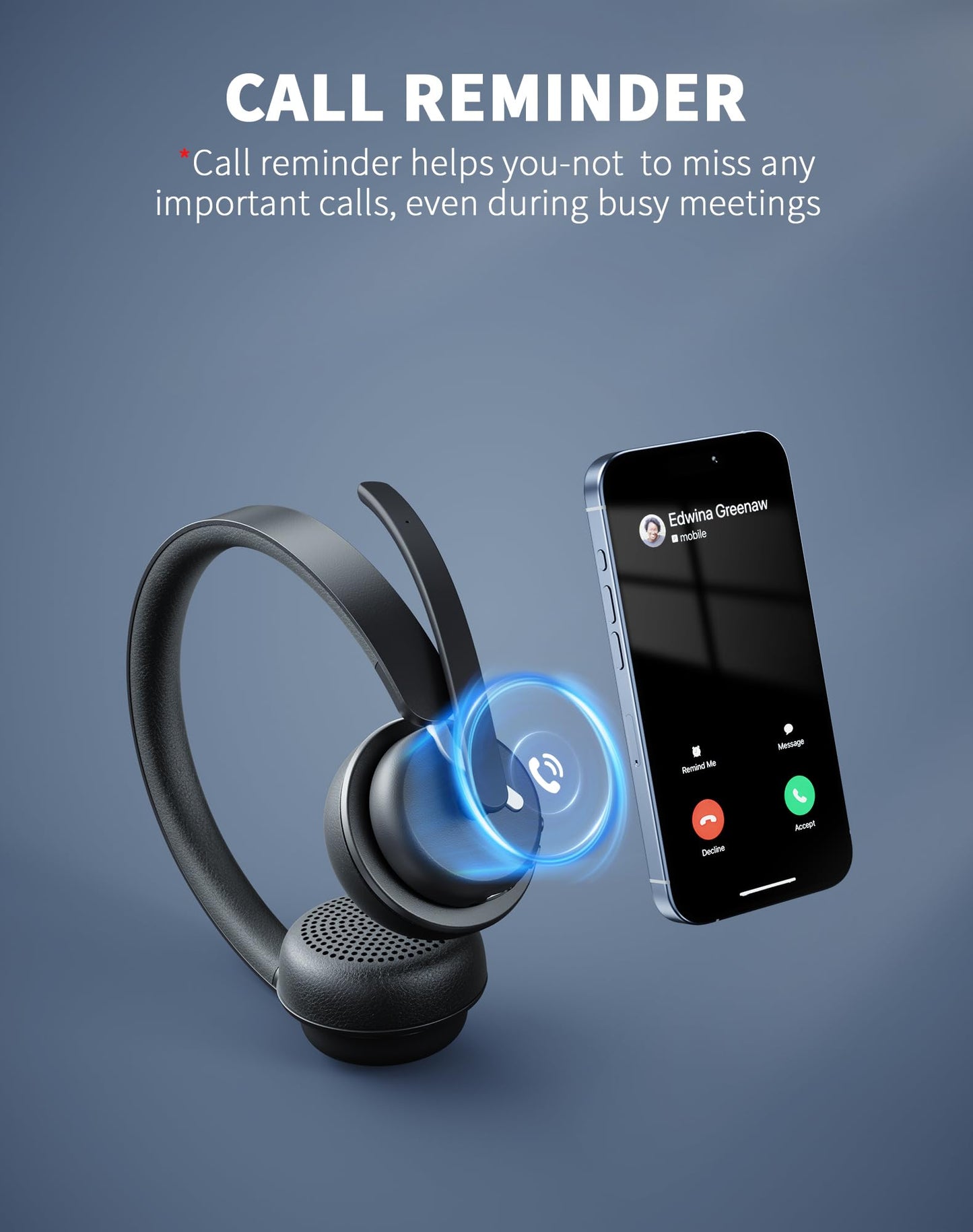 Wireless Headset with Mic for Work, Bluetooth 5.3 Headset with AI Noise Cancelling Microphone & Call Reminder, Wireless Headphone with Voice Assistant for PC/Computer/Remote Work/Call Center/Zoom