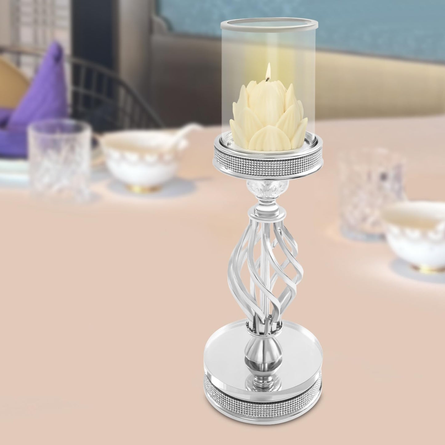 Candle Holder, Crystal Candlesticks Holder Set, Tabletop Pillar Candle Holders for Wedding, Parties, Events, Chirstmas, Home Decor, Table Centerpieces (Silver 01, L)