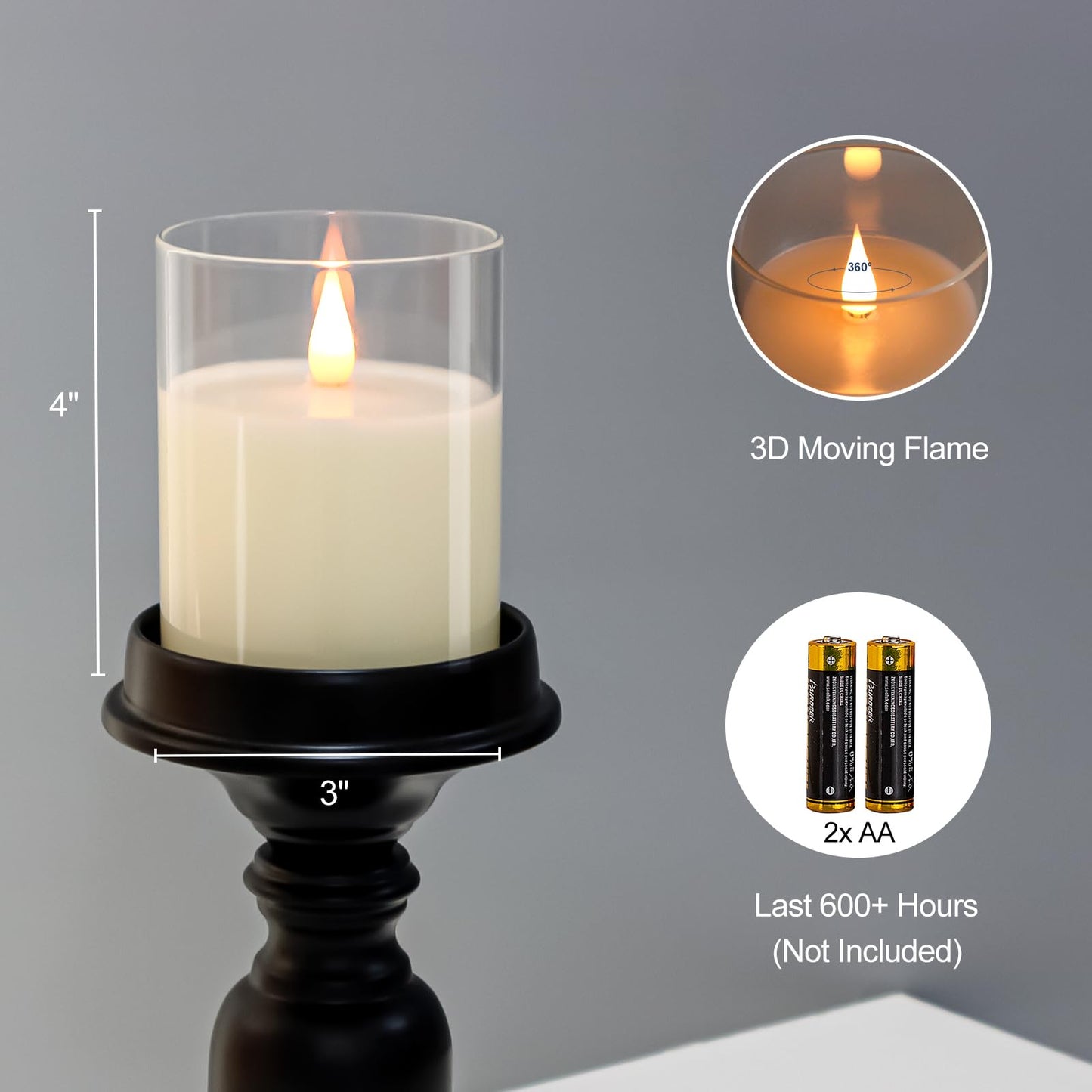 TECHLONG Glass Flameless Candles with Remote Timer, 3D Moving Flame Flickering, Last 600+ Hours Battery Candles, Real Wax LED Votive Candle for Festival Wedding Home Party Decor, 3" x 4"