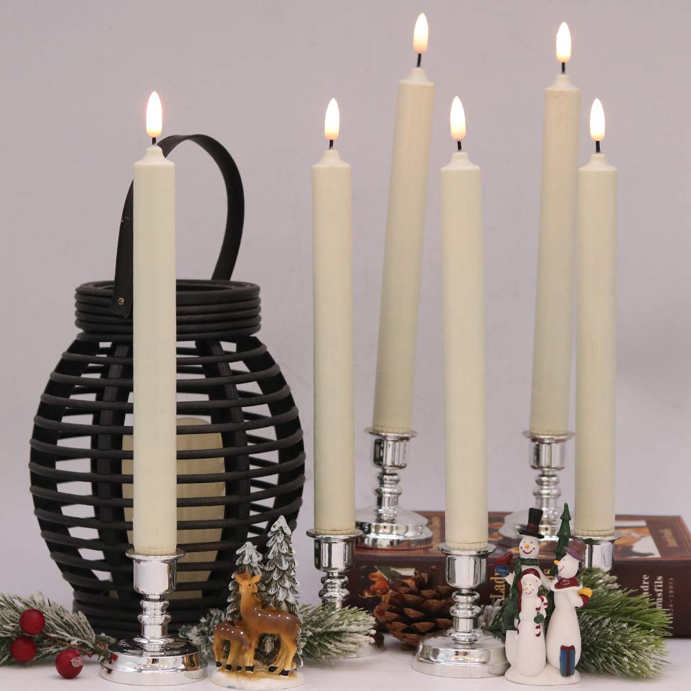 Wondise Window Candles Battery Operated with Remote and Timer, 3D Wick Ivory Taper Candles with Silver Holders and Suction Cups for Christmas Decoration, Set of 6(D0.8 x H10 inch)