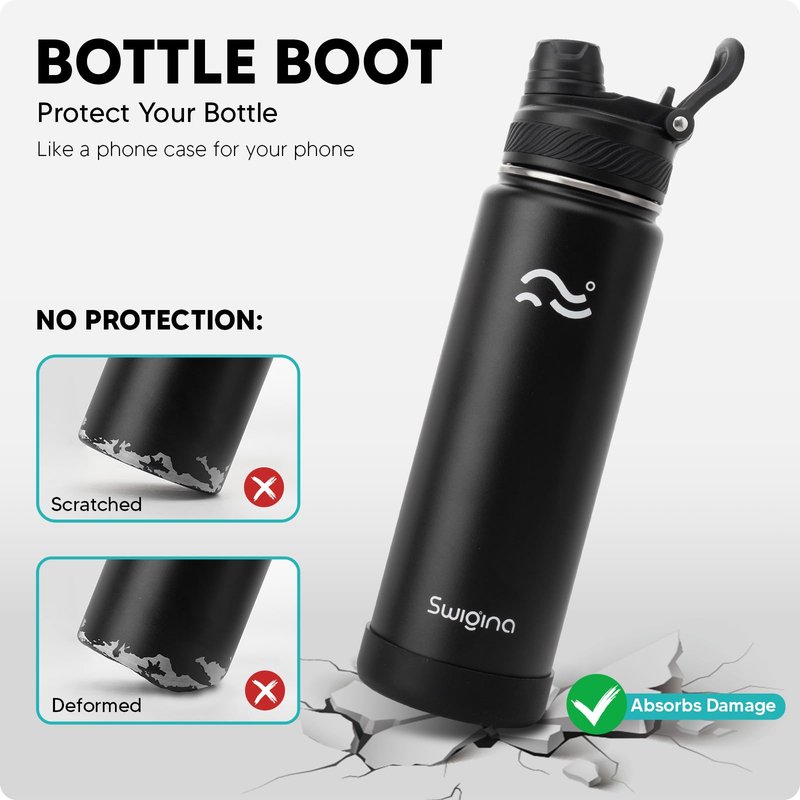 Swigina [2-IN-1 LID] Insulated Water Bottle with Silicone Boot (36hrs Cold/18hrs Hot) - DIY Stickers, Leakproof, BPA Free, Black, 24 oz