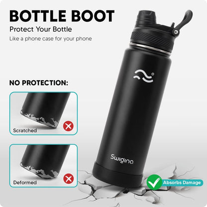Swigina [2-IN-1 LID] Insulated Water Bottle with Silicone Boot (36hrs Cold/18hrs Hot) - DIY Stickers, Leakproof, BPA Free, Black, 24 oz