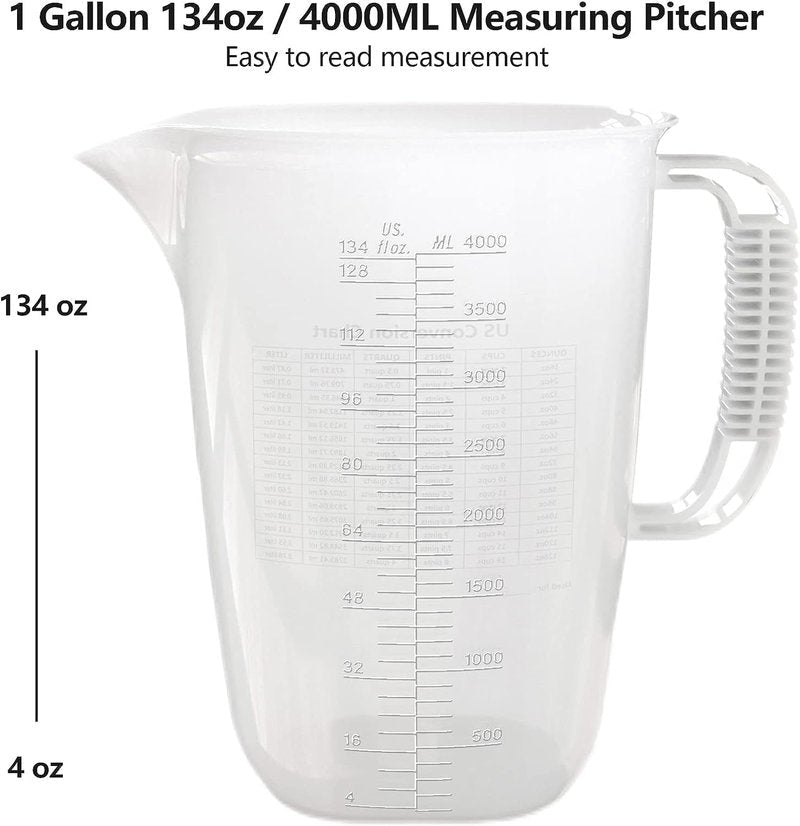 1 Gallon Measuring Pitcher-Convenient Conversion Chart,134oz Extra Large Plastic Measuring Cup-Strong Food Grade Material,Graduated Mixing Pitcher Great for Lawn,Pool Chemicals, Motor Oil and Fluids