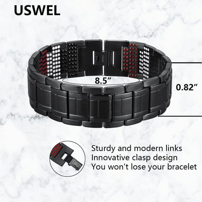 USWEL Strengthen Titanium/Copper Magnetic Bracelet Men's Bracelet with Black PVD Coating 613pcs Minerals Magnetic Wristband (Black)