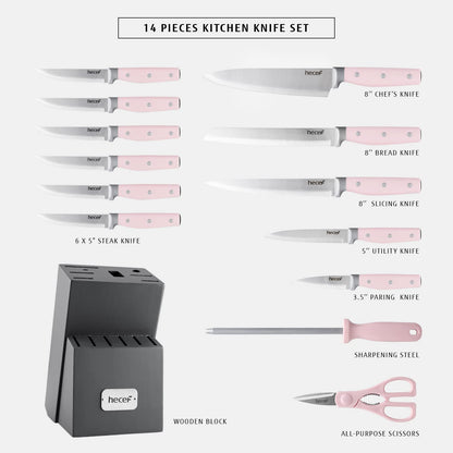 hecef Kitchen Knife Block Set, 14 Pieces Knife Set with Wooden Block & Sharpener Steel & All-purpose Scissors, High Carbon Stainless Steel Cutlery Set (Yellow)