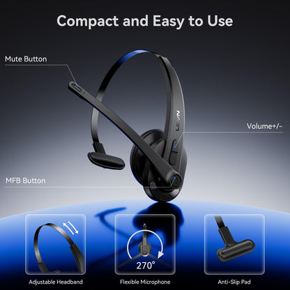 LEVN Wireless Headset with Mic for Work, Bluetooth Headset with Microphone-AI Noise Cancelling, Single-Ear Wireless Headphones with Mic & USB Dongle for PC/Computer/Call Center/Laptop/Teams/Zoom/Home
