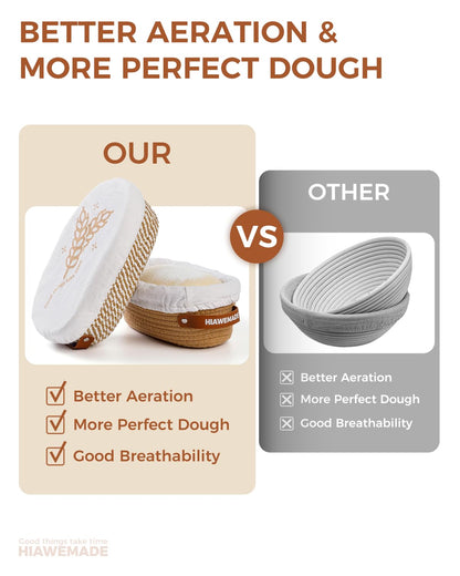 HIAWEMADE Banneton Bread Proofing Basket, Natural Cotton Rope Bread Baskets with Reusable Liners & Dust Covers, Artisan Sourdough Bread Baking Supplies, 2pcs - 10" Oval
