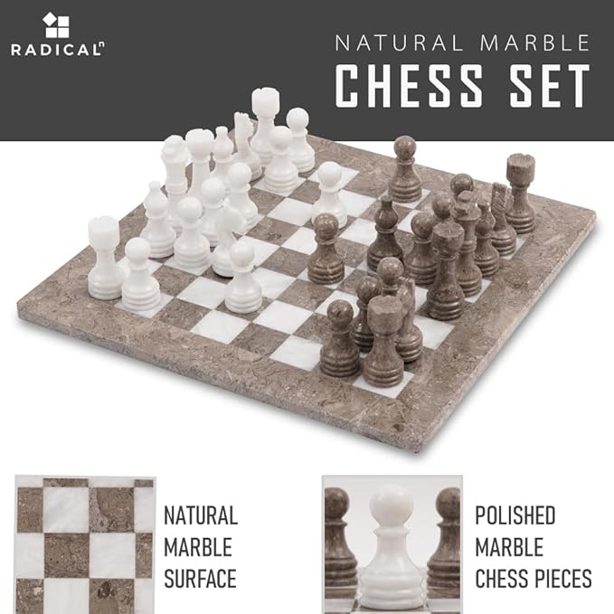 Radicaln Marble Chess Set 15 Inches Handmade Grey Oceanic and White Classic Board Game Ideal Chess Games for Adults Luxury Marble Chess Boards &amp Pieces for Gifts