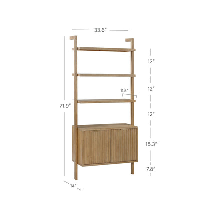 Nathan James Jasper 3-Shelf Solid Wood Boho Bookshelf, Wall Mounted Bookshelf with Cabinet with Fluted Doors, Light Brown