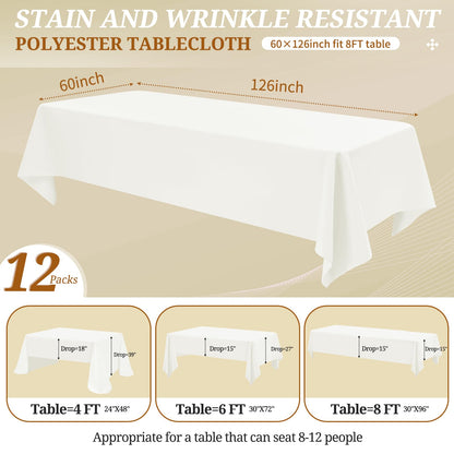 REWOMC 12 Pack Ivory Tablecloths for Rectangle Tables 60 x 126 Inch Ivory Polyester Tablecloth 8 Foot Rectangle Table Cloth Washable Fabric Table Cover for Party Wedding Banquet Restaurant Events