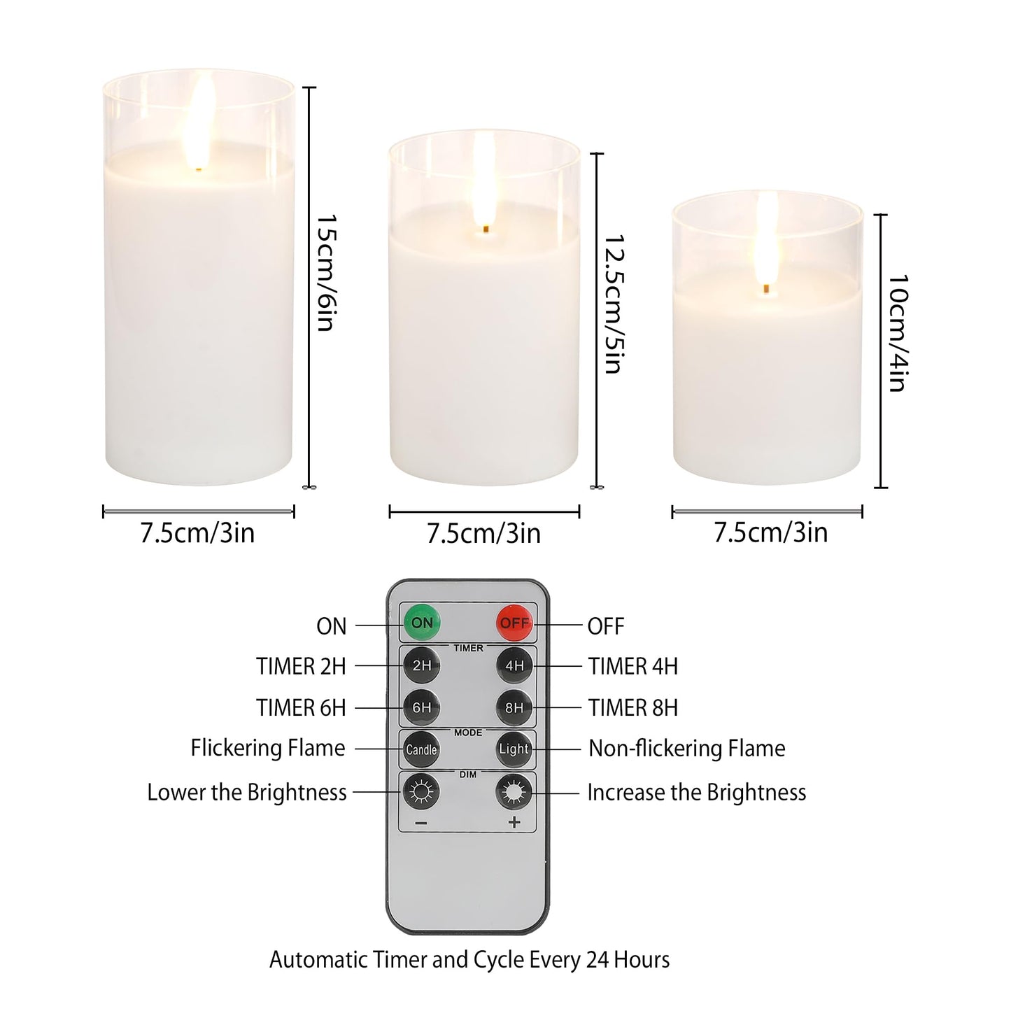 JHY DESIGN Set of 3 Glass Wax Flameless Candles 3D LED Candles White Wax Flickering Battery Candles with 8-Key Remote Control Timer for Home Wedding Party Christmas(Pivoted Flame-Shaped Tip)
