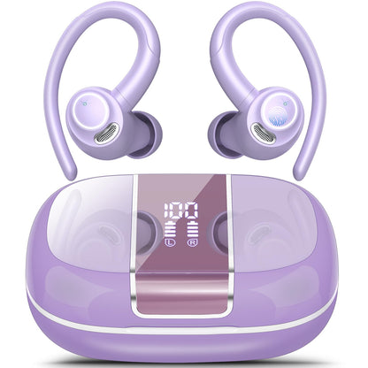 Wireless Earbuds Bluetooth 5.3 Headphones Sports, 48H Over Ear Buds with ENC Mic, Stereo Deep Bass Bluetooth Earbuds with Secure Earhooks, LED Display, IPX7 Waterproof Earphone for Running/Gym Purple