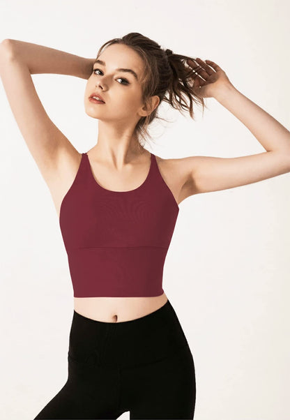 Redqenting Longline Sports Bra for Women with Removable Padded,Sexy Criss Cross Back Strappy Yoga Bras Workout Tank Tops Red