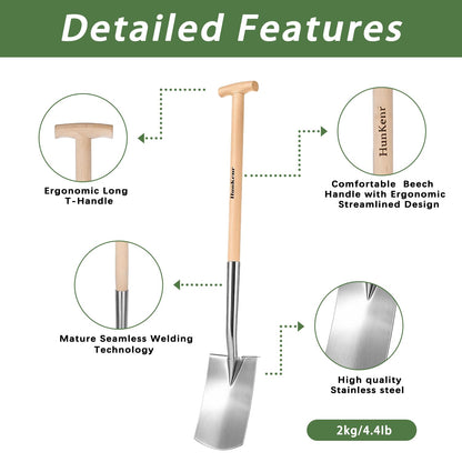 HUNKENR Garden Pitchfork Spade Set, 4-Tine Stainless Steel Pitchfork, 47" Heavy Duty Long Handled Spade with T-Handle/Ergonomic Beech Handle for Digging, Planting, Cultivating, Aerating