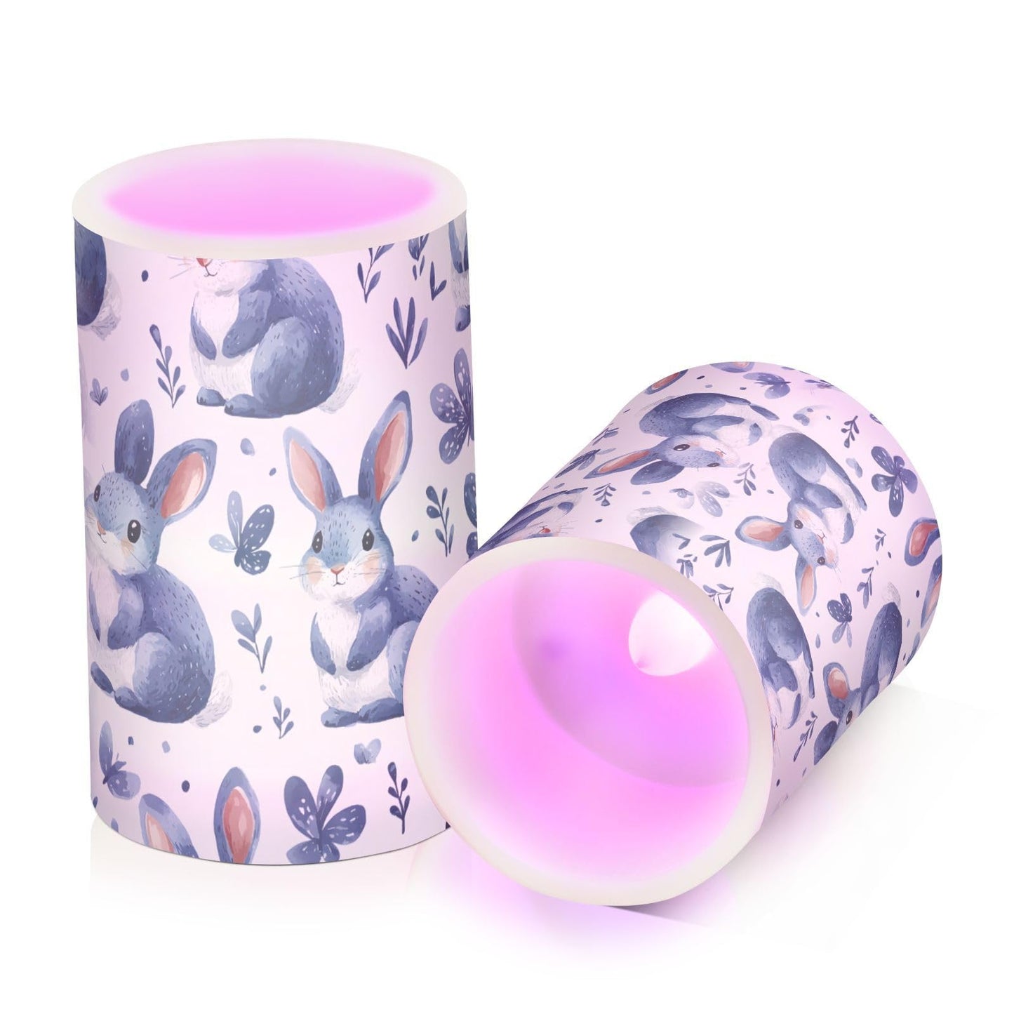 zyrtty Easter 2 Pack Plastic Flameless Candles Blue Bunny Floral Pattern Battery Operated with Remote and Timer Real Wax LED Flickering Pillar Candles Set Window Decor