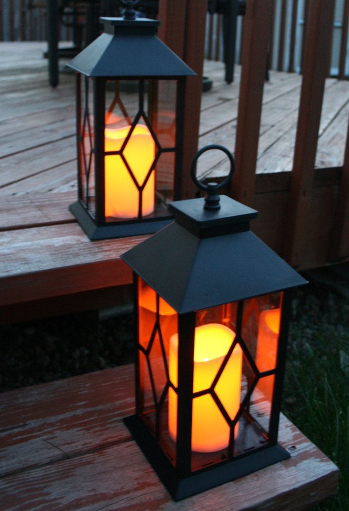 Decorative Black Lanterns Set of 2 with LED Flameless Candles, Remote & 4 Hour Timer, Indoor Outdoor Lantern Decor, Hanging or Tabletop Lighting, 13 Inch Tall