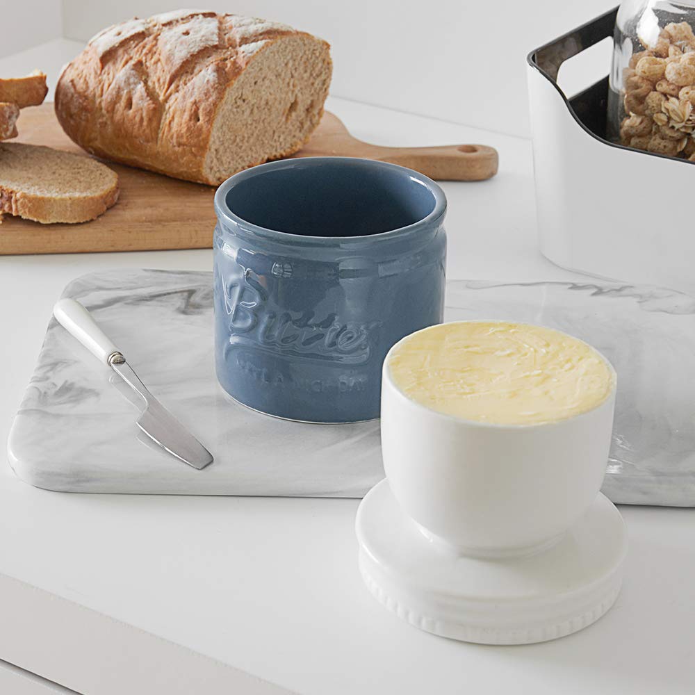 DOWAN Butter Dish, French Butter Crock With Lid for Spreadable Soft Butter, Porcelain Butter Keeper With Waterline for Counter, Embossed Butter Container Home Gift Kitchen Decor, Beige