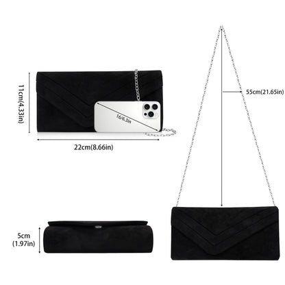 Larcenciel Elegant Black Suede Envelope Clutch Purse for Women, Soft Velvet Pleated Evening Bag with Detachable Chain Strap, Ladies Party Handbag for Formal Events, Wedding, Cocktail, Prom, Date Night