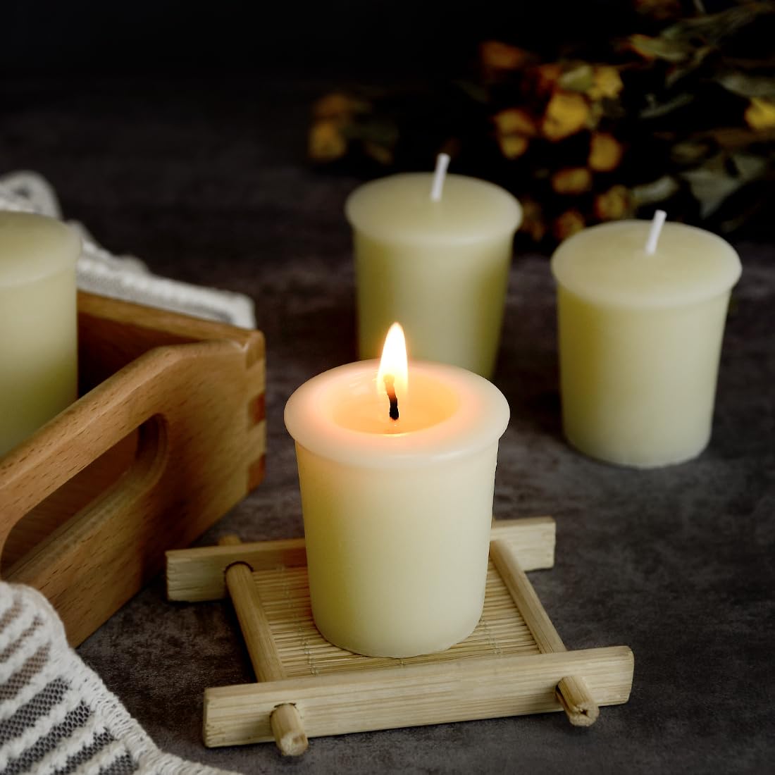DEYBBY Ivory White Beeswax Votive Candles-6 Pack Natural Votives Set in Glass Jar for Home Room Decor Party Wedding Spa Gift,12 Hours Burn
