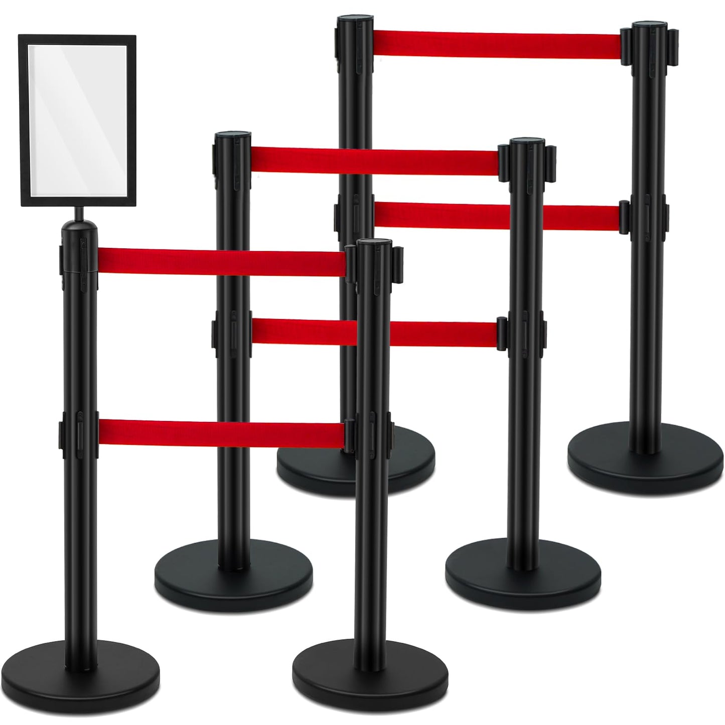 Therwen 6 Pcs Crowd Control Stanchions Set, Double Retractable Safety Belt, Heavy Duty Stainless Steel Crowd Control Barrier, Solid Metal Base, Easy Connect Assembly (9.8 ft,Black and Red)