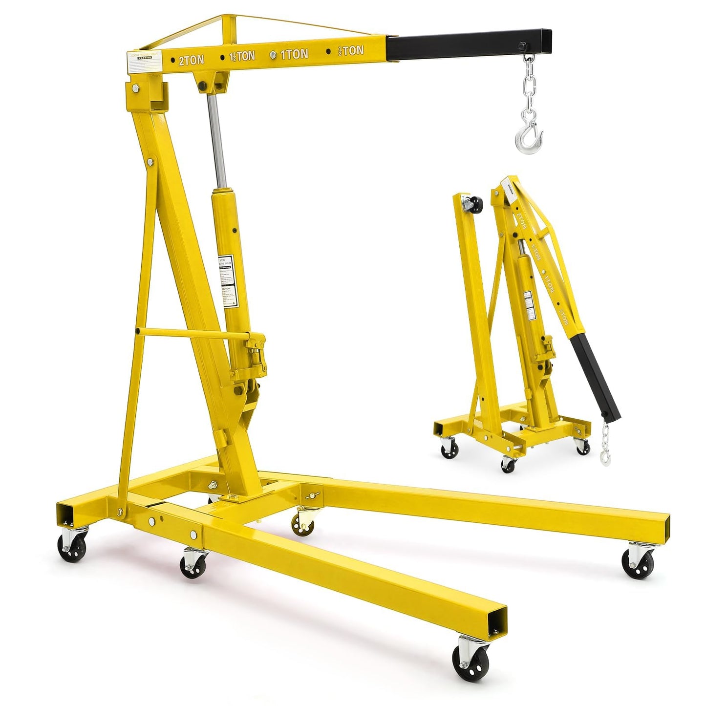 EliteEdge 2-Ton Folding Engine Hoist Cherry Picker 4400 Lb Capacity Hydraulic Shop Crane with Telescoping Boom 6 Caster Wheels for Automotive Repair Garage Use Includes Hitch and Storage Stand Yellow