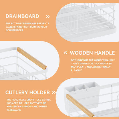 BRIAN & DANY Dish Drying Rack, Dish Racks for Kitchen Counter, Stainless Steel Dish Drainer with Removable Cutlery Holder & Drainboard, White