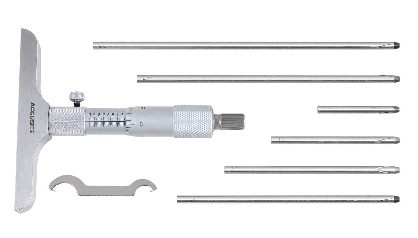 Accusize Industrial Tools 0-6'' by 4'' Base Depth Micrometer, 0.001'' Resolution, 6 Rods, 2025-4201