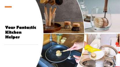 SUPRNN Bamboo Dish Brush with Handle, 1 Sturdy Wooden Handle with 3 Natural Bristle Heads, Horsehair, Sisal, Palm - All Purpose Kitchen Scrubber, Bamboo Wok Brush, Fruit and Veggie Scrubber
