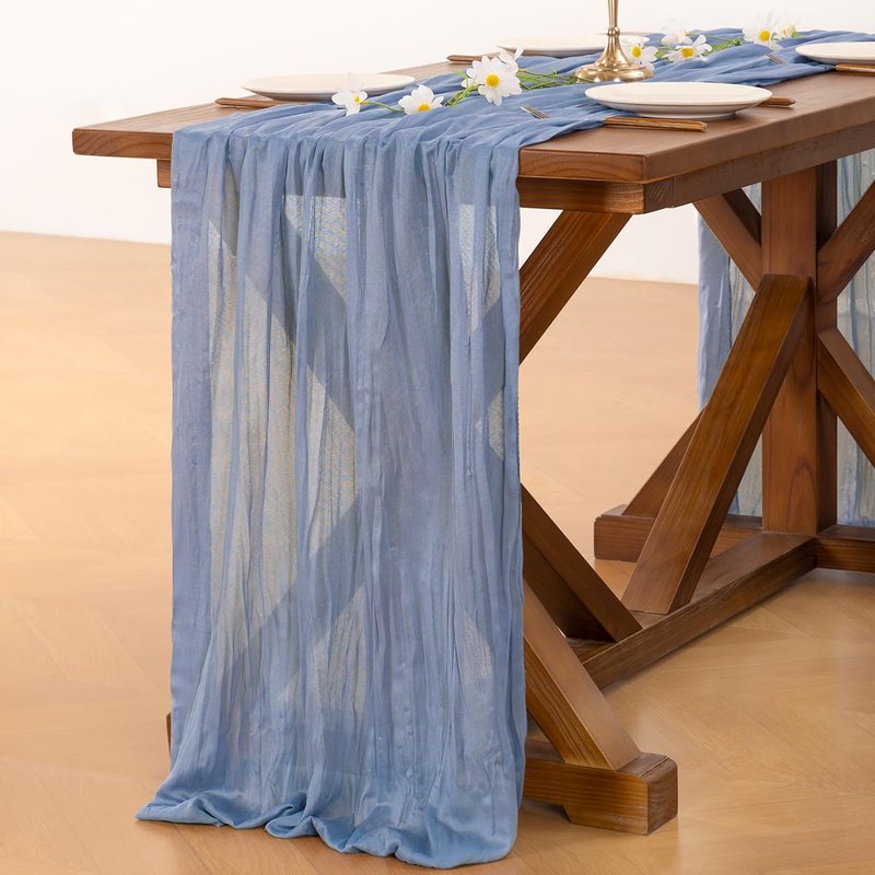 Socomi 6pcs Dusty Blue Summer Cheesecloth Table Runner Boho Rustic Gauze 120 inch 10FT Cheese Cloth Sheer Runner for Wedding Party Baby Shower Birthday Home Decor Holiday Decorations