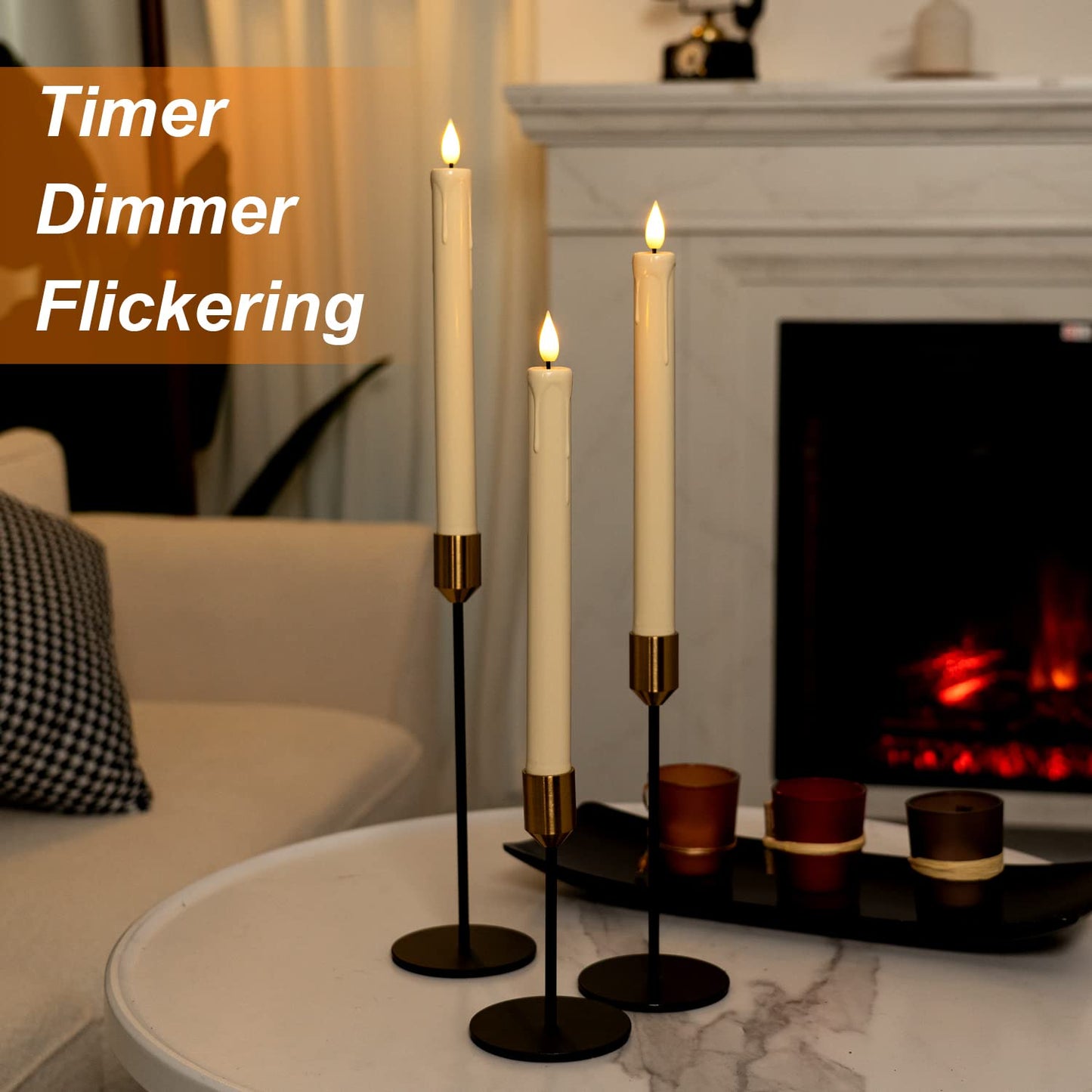 Homemory 3 Pcs Flameless Taper Candles with Remote Timer Dimmer, 9.6" Ivory LED Candlesticks Battery Operated, Plastic Flickering Flameless Candles for Fireplace Wedding Seasonal Indoor Decorations