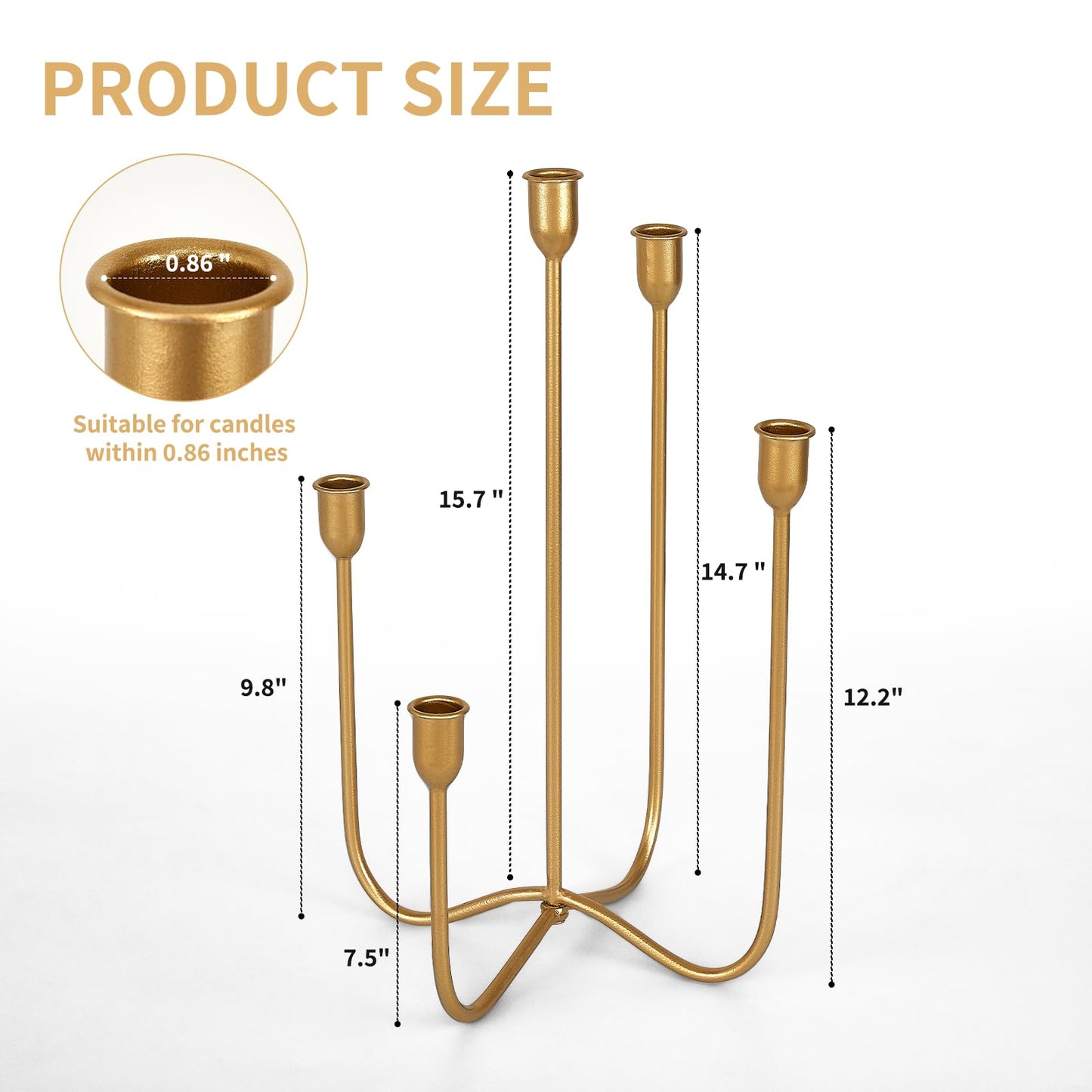 Vrnikhub 5 Arms Cast Iron Metal Candelabra, 15 Inch Tall Antique Brass Candlestick Holders, Tabletop Candle Stand for Wedding Events Dining Room Decor, Fits Taper & LED Candles