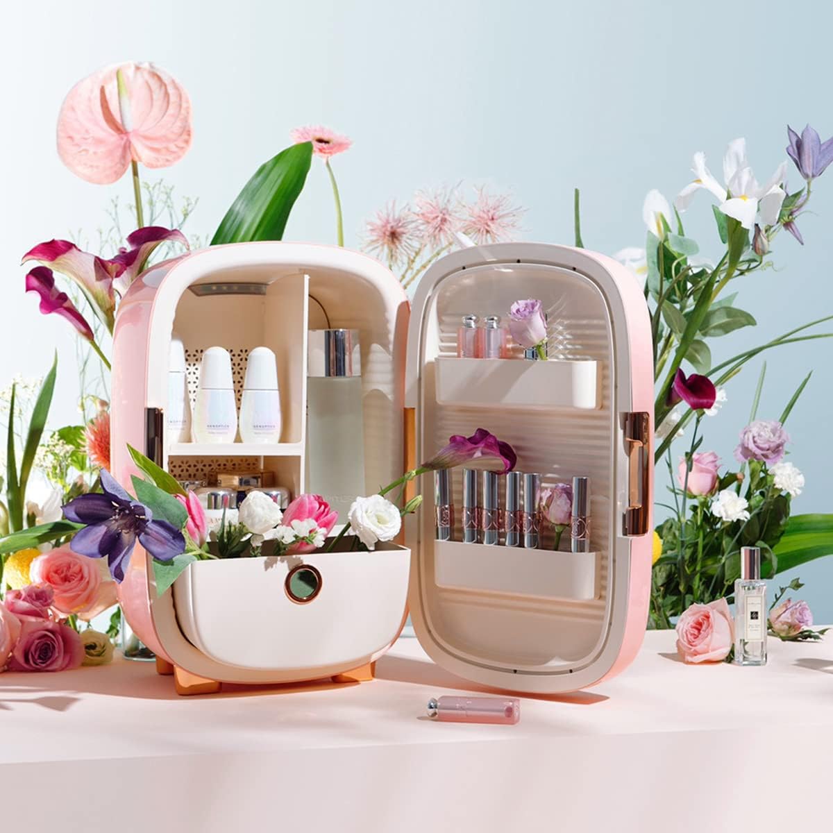 JSTPRO Skincare Fridge, 6L Pink Makeup Fridge with Dimmable LED Light Mirror, Portable for Bedroom, Car, Office & Dorm