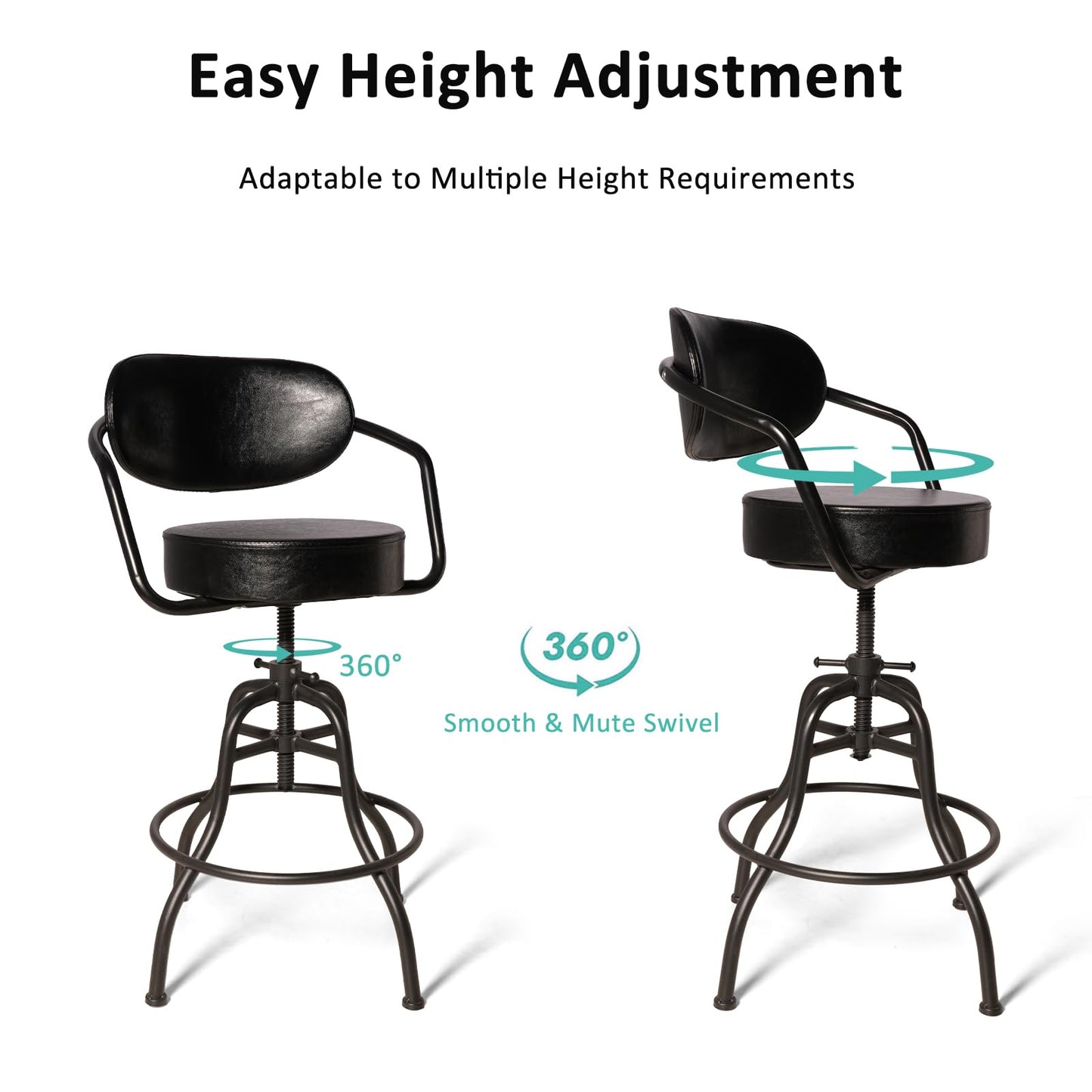 BOKKOLIK Industrial Office Chair with Backrest 21.7-25.6inch Height Adjustable Vintage Bar Stool with Swivel PU Seat Rustic Drafting Drawing Chair for Workbench Office Desk
