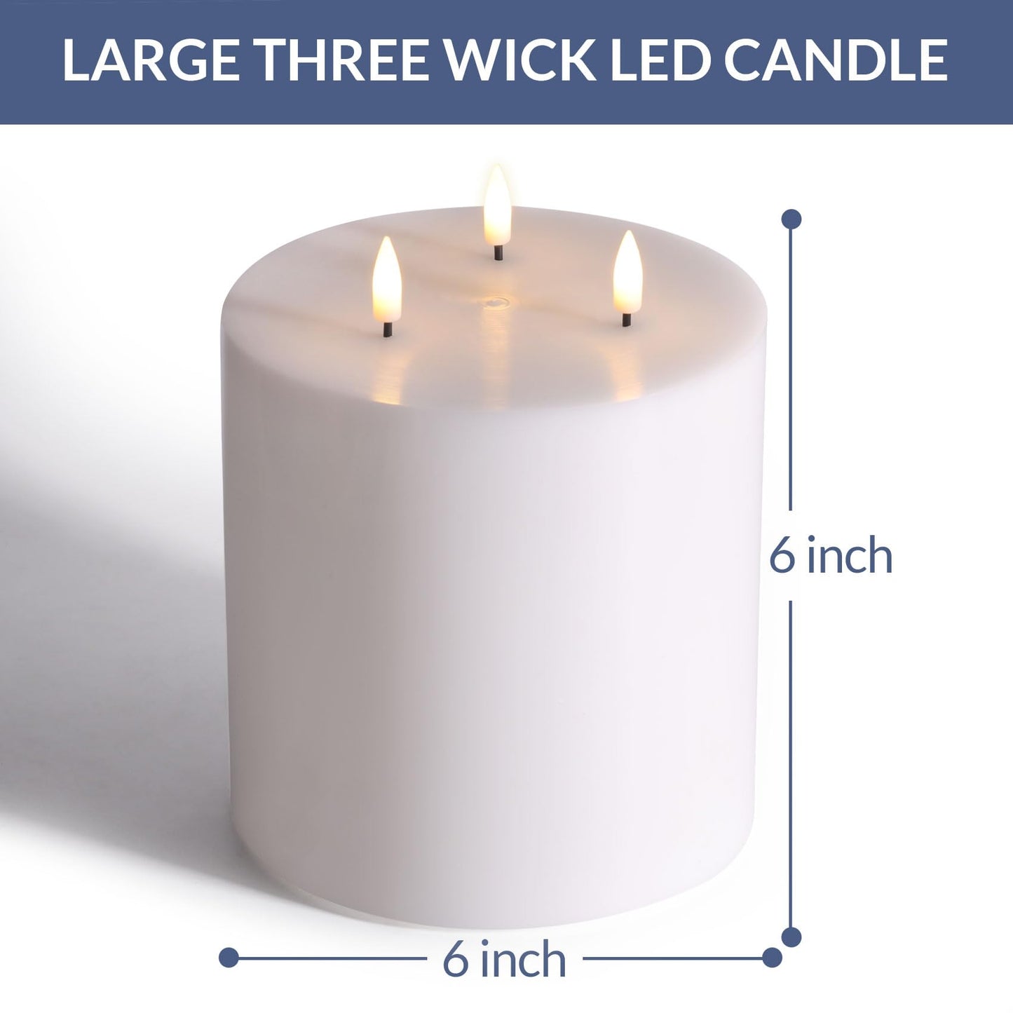 Eywamage White 3 Wick Flameless Pillar Candle Φ 6" H 6", Giant Real Wax Flickering LED Candle with Remote