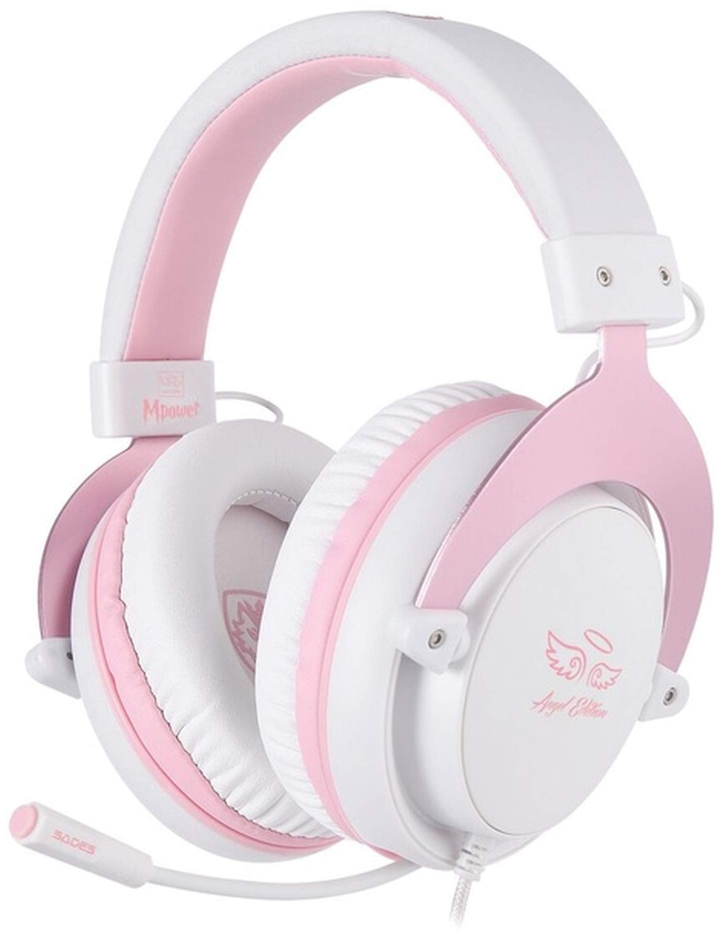 SADES MPOWER Stereo Gaming Headset for PS4, PC, Mobile, Noise Cancelling Over Ear Headphones with Retractable and Flexible Mic & Soft Memory Earmuffs for Laptop Nintendo Switch Games-Angel Edition