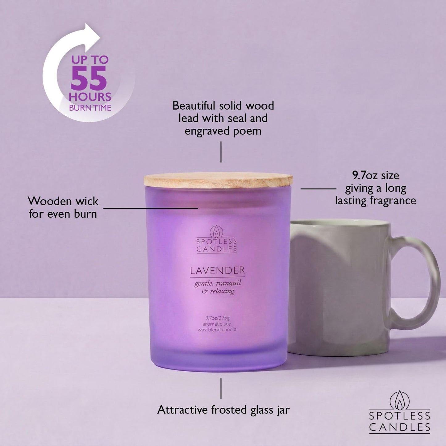 Lavender Candle; 9.7 oz:, 55 Hrs Burn Time, Soy Wax Purple Frosted Jar with Crackling Wooden Wick & Luxury Gift Box: Lavender Scented Candle by Spotless Candles