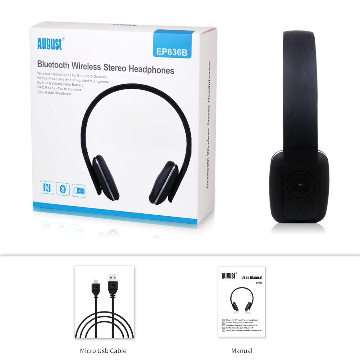 August Wireless Headphones - Cordless Bluetooth Headset with Microphone,Black