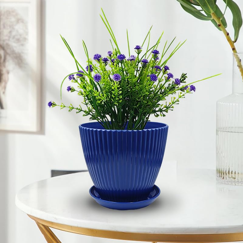 RooTrimmer 7.5/6.5/5.5/4.9/4.2/3.5 Inch Plant Pots with Saucers & Drain Holes - Indoor/Outdoor Flower Pots for Succulents, Herbs, Cactus - Modern Lightweight Durable Planter Set, Blue