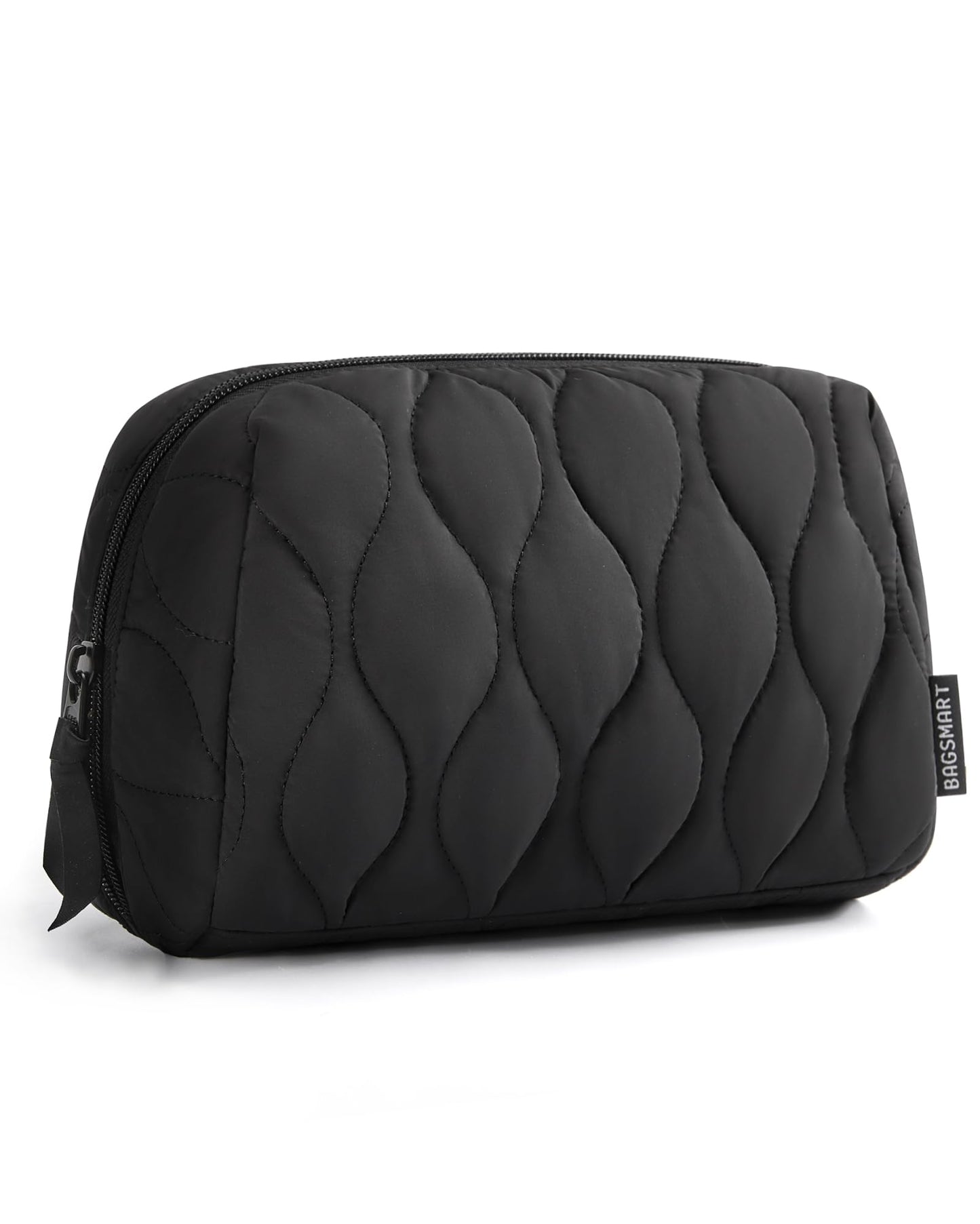 BAGSMART Makeup Bag, Travel Cosmetic Bag, Puffy Padded Make Up Bag for Women, Makeup Organizer Case, Wide-open Pouch Purse, Travel Essentials, Toiletries Accessories Brushes, Black