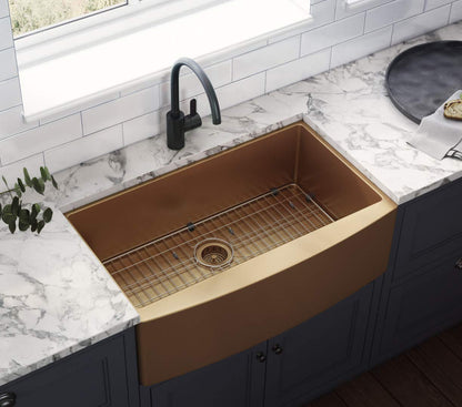Ruvati Copper Tone 30-inch Apron-Front Farmhouse Kitchen Sink - Matte Bronze Stainless Steel Single Bowl - RVH9660CP