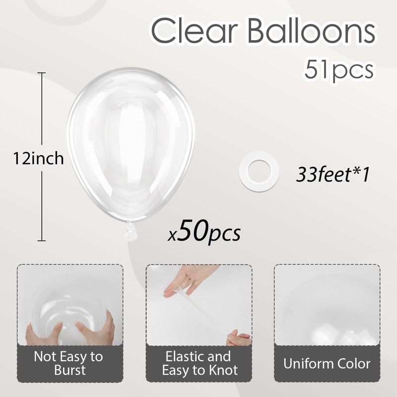 Clear Balloons 12 inch, Transparent Latex Balloons 50pcs Party Balloon for Baby Shower Wedding Bridal Shower Birthday Party Decorations