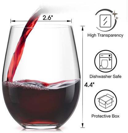 LUNA & MANTHA Stemless Wine Glasses, Crystal Red White Wine Glasses for Daily Use, Hosting, Home Bar, Evening Party, Birthdays, Shower, Housewarming Gift,Clear set of 4,15oz (4 Count)