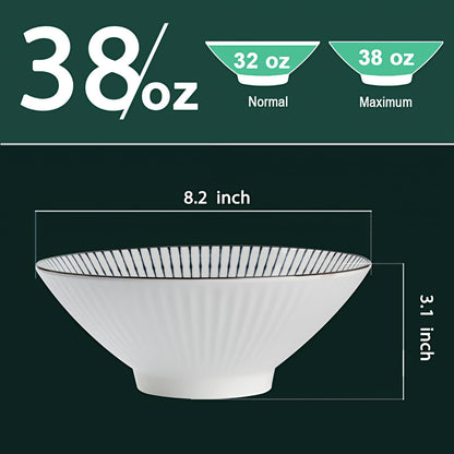 QINLANG 38 oz Japanese Ramen Bowls, Ceramic Set of 4 for Cereal, Soup, Pho, Noodles - Blue and White, 8 Inches