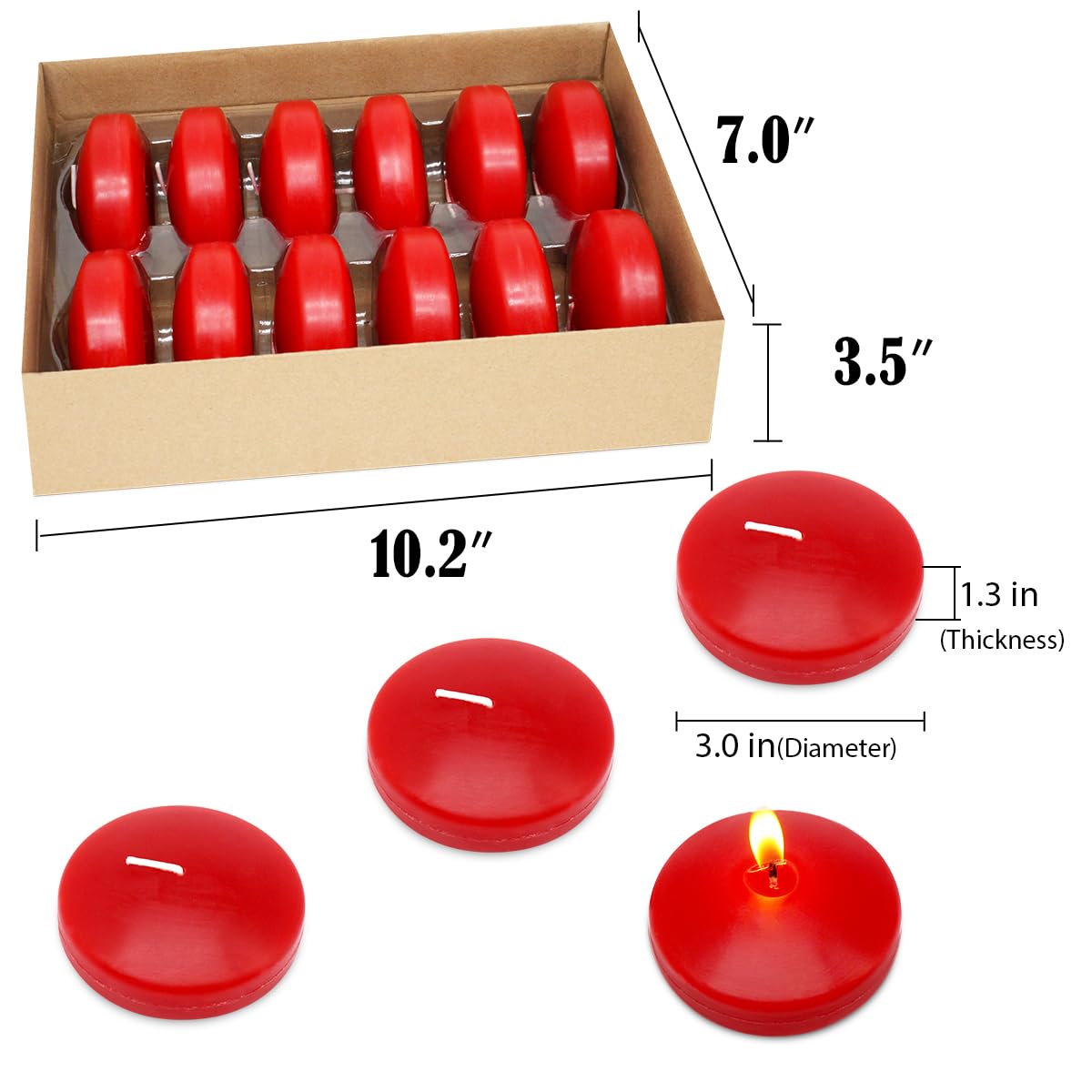 10 Hour Red Burgundy Floating Candles Large 3 Inch Unscented Dripless Pool Water Wax Candles for Vases, Centerpieces at Wedding, Party, Holiday, Set of 12